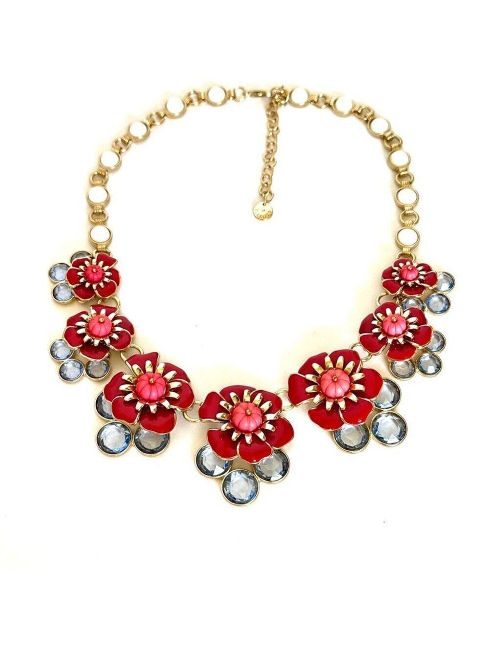 TALBOTS | Bold Red & Blue Flower Blossoms & Crystal Statement Necklace | NWOT
